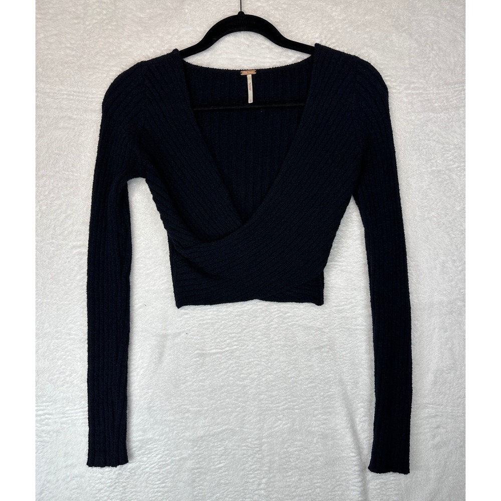 Free People Wrap Front Cropped Sweater Womens XS Black Ribbed Long Sleeve